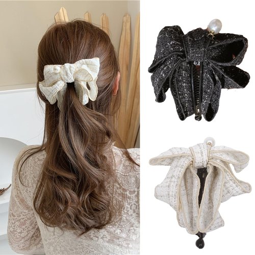 auwiyd 2 PCS Bowknot Banana Clip Hairpin Plaid Pearl Hairpin Ponytail Clip Hair Claw for Women Girls Sweet Ponytail Holders Hairpin Hair Accessories for Thick Thin Fine Hair