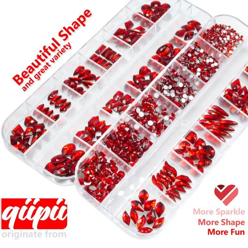 qiipii 24 Styles Red Nail Rhinestones Multi-Shapes Ruby Red Rhinestones Big Gems Nail Charms Siam Red Round Beads K9 Glass Stones Diamonds Jewels Nail Art Flatback for Nails Face Eyes Makeup Crafts