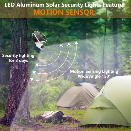 Solar motion sensor camping lights Aluminum case, 9W 1400-Lumen (130W Equi.) Solar sensor flood spot lights for outside camp post yard fence floor deck patio path, 100-week FREE refund/replacement