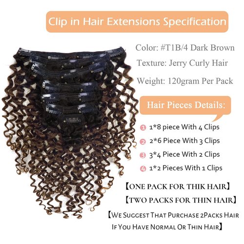 Clip in Human Hair Extensions Afro Jerry Curly 3B 3C Real Hair Clip in Extensions For Black Women Natural Black Colour 100% Brazilian African American Hair Extensions (60cm , Jerry Curly 1B/4)