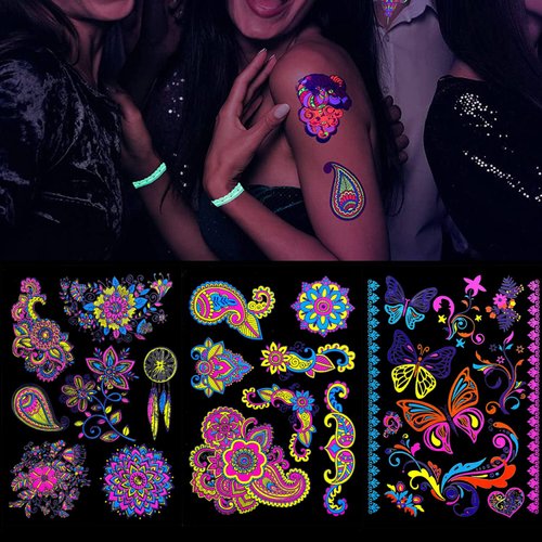 glaryyears 80+ Neon Temporary Tattoos, Glow UV Fake Charming Mandala Floral Butterfly Flowers Dreamcatcher designs, Women Girls Party Favor Supplies Night Pub 7 Sheets