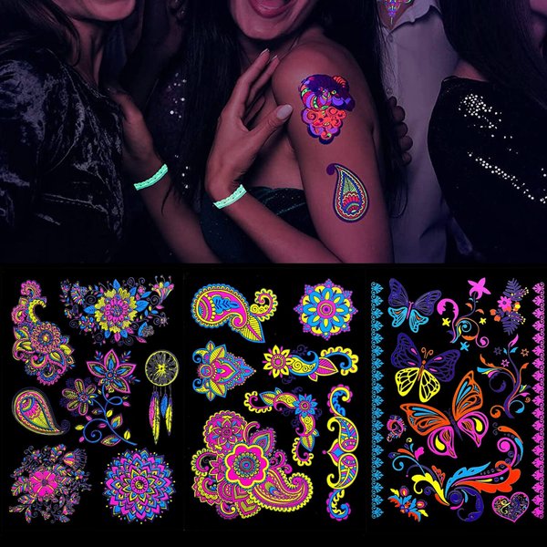 glaryyears 80+ Neon Temporary Tattoos, Glow UV Fake Charming Mandala Floral Butterfly Flowers Dreamcatcher designs, Women Girls Party Favor Supplies Night Pub 7 Sheets