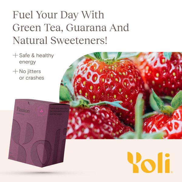 Yoli Passion Energy Drink Powder Mix - Natural Energy Drink Mix for Endurance and Stamina, 30 Packets - Berry