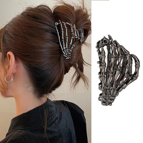 1Pcs Halloween Hair Claw Clips Punk Skeleton Hand Hair Clips Claw Metal Black Funny Hair Accessories Skull Hands Hair Jaw Clamps Halloween Hair Barrette Hair Decorations for Women Catch Clips