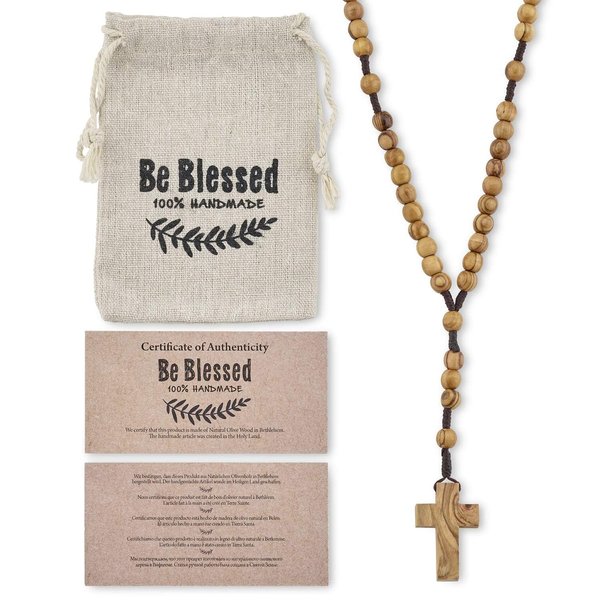 Bethlehem Certified Wooden Rosary from Olive Wood - Our Father Christian Catholic Wooden Prayer Beads in Cotton Rosary Pouch and Authenticity Certificate for Men and Women