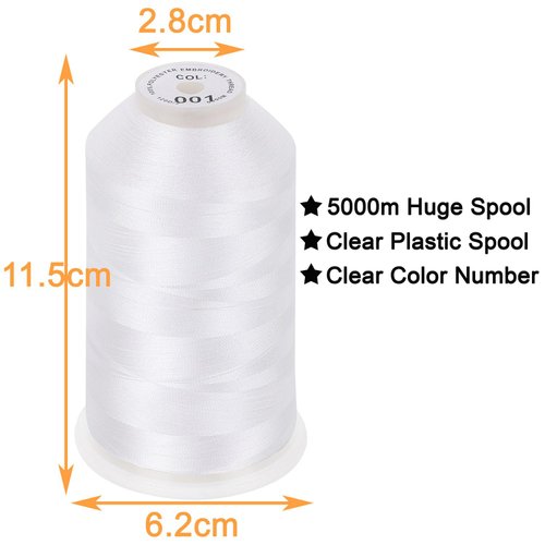 New brothread - 2 Huge Spools 5000M Each Polyester Embroidery Machine Thread 40WT for Commercial and Domestic Machines - White