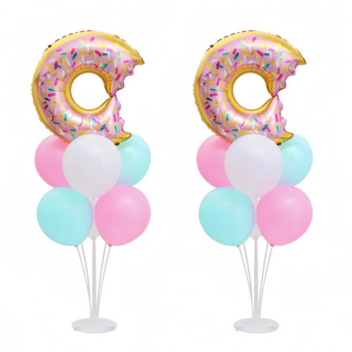 BoKin Donut Table Centerpiece Balloons Stand Kit 2 Sets, 2 Doughnut Foil Balloons 14 Latex Pastel Balloons for Donut Party Decorations Pastel Birthday Party Wedding Baby Shower Decorations