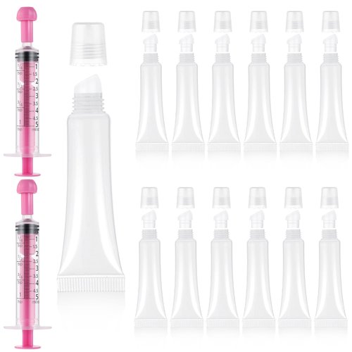 DIVINA VITAE 12Pcs Mini Lip Gloss Tubes 8ml Empty Lip Balm Tubes with 2Pcs 5ml Syringes Clear, Refillable Lip Balm Squeeze Tube for Lipstick Samples Lip Balms DIY