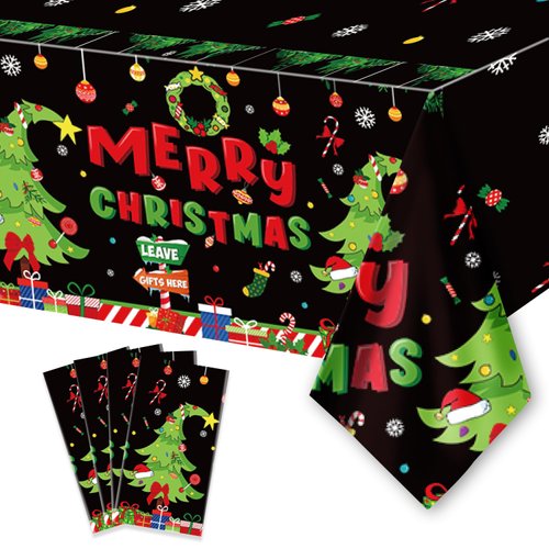 ORNACELE 4PCS Christmas Disposable Tablecloths, 108" x 54" Rectangular Plastic Waterproof Tablecover with Christmas Stocking Gift Wreath, Winter Holiday Themed Party Party Decoration Supplies