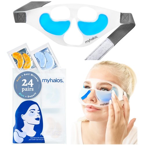 MyHalos Patented Eye Ice Pack for Puffy Eyes Set - Under Eye Masks for Dark Circles and Puffiness- 24 Eye Patches for Wrinkles - Under Eye Ice Pack With Under Eye Patches - Cold Eye Mask for Puffiness