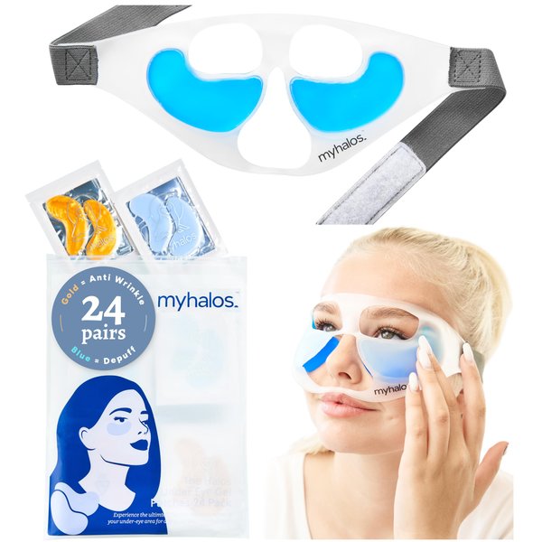 MyHalos Patented Eye Ice Pack for Puffy Eyes Set - Under Eye Masks for Dark Circles and Puffiness- 24 Eye Patches for Wrinkles - Under Eye Ice Pack With Under Eye Patches - Cold Eye Mask for Puffiness