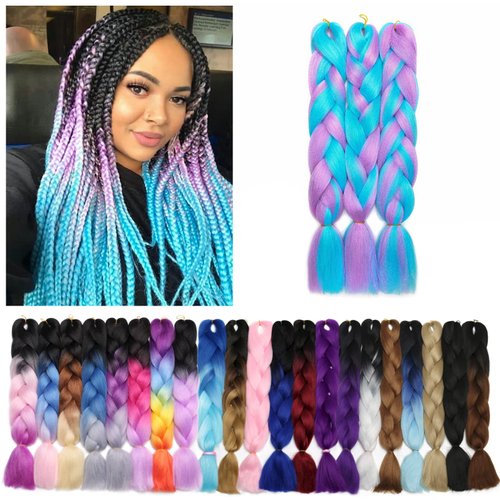 Benehair Ombre Braiding Hair 3 Bundles/lot 24inch Jumbo Braiding Hair Extensions High Temperature Synthetic Braid Hair Braiding Hair Pre Stretched Braid Extensions (Sky Blue+Light Purple)