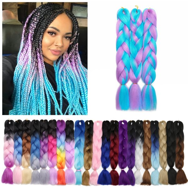 Benehair Ombre Braiding Hair 3 Bundles/lot 24inch Jumbo Braiding Hair Extensions High Temperature Synthetic Braid Hair Braiding Hair Pre Stretched Braid Extensions (Sky Blue+Light Purple)
