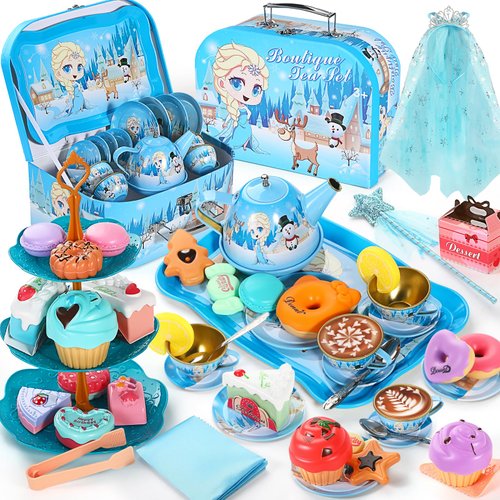 Tea Party Set for Little Girls, Frozen Tea Party Set for Kids, Tea Sets for Toddlers 3-5, Tin Tea Set for Childs, Princess Tea Time Toys, Kids Kitchen Pretend Play Gift for Girls Boys 3-8