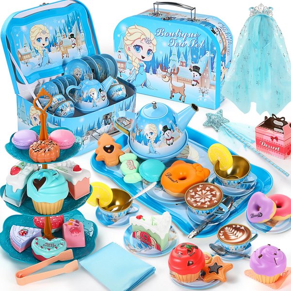 Tea Party Set for Little Girls, Frozen Tea Party Set for Kids, Tea Sets for Toddlers 3-5, Tin Tea Set for Childs, Princess Tea Time Toys, Kids Kitchen Pretend Play Gift for Girls Boys 3-8