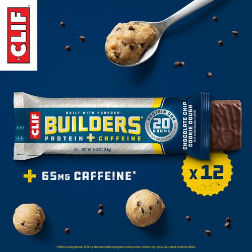 CLIF Builders + Caffeine - Chocolate Chip Cookie Dough Flavor - Plant Based Protein Bars - Gluten Free - Non-GMO - Low Glycemic - 20g Protein - 2.4 oz. (12 Count)