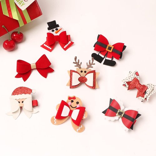 HIPIHOM 8Pcs Christmas Hair Clip Santa Gingerbread Reindeer Hair Barrettes Gift Wrap Bows Cute Christmas Hair Accessories