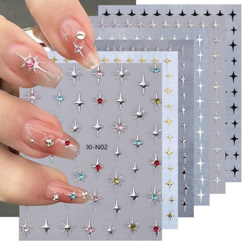 6 Sheets Glitter Shiny Star Nail Art Stickers Gold Silver Star Nail Decals with Gems 3D Self-Adhesive Stars Nail Decoration Black White Star Nail Stickers for Women Girls DIY Manicure Nail Supplies