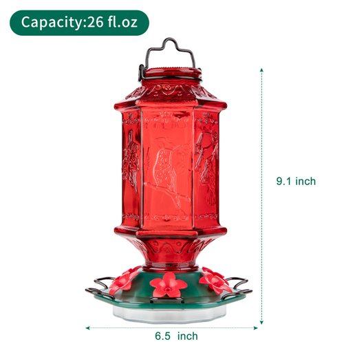 Billion Sky Hummingbird Feeder for Outdoors, Lantern Shaped Bottle, 6 Simulation Flowers Feeding Ports, 26 fl.oz, Hanging for Garden Yard, Rust Proof, Red(Ant Moat Included)