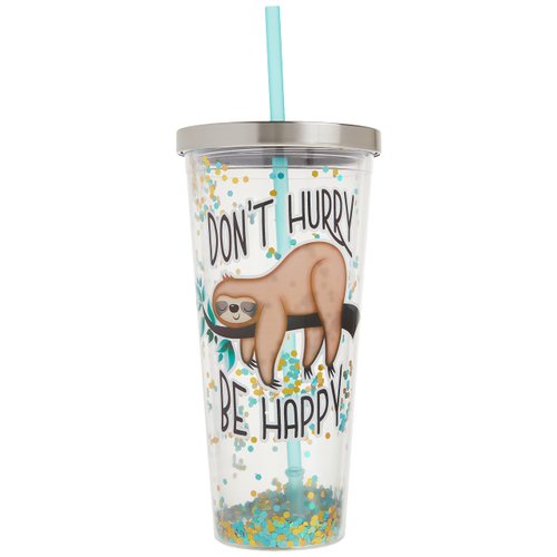 Spoontiques - Glitter Filled Acrylic Tumbler - Glitter Cup with Straw - 20 oz - Stainless Steel Locking Lid with Straw - Double Wall Insulated - BPA Free - Sloth