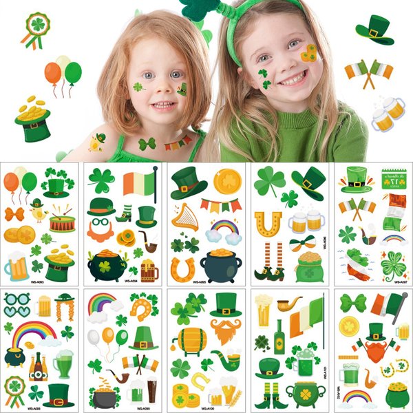 AOYOO St Patricks Day Temporary Tattoos, St. Patrick's Day Face Tattoos for Kids, Shamrock Patterned Tattoos Stickers, Irish Parade and Party Favors Decorations