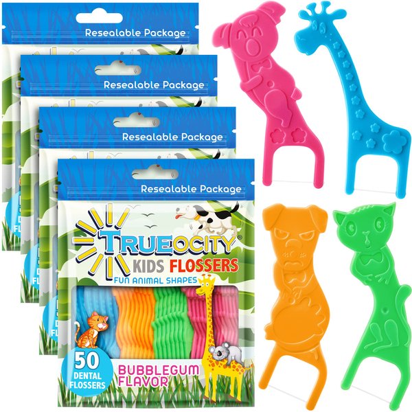 Kids Flossers 4 Pack (200 Total), Kids Floss Picks, Flossers Kids, Floss for Kids, Cute Animal Shapes, Glides Easy Between Teeth, Flosser Helps Prevent Tooth Decay & Gum Disease, Bubble Gum Flavored
