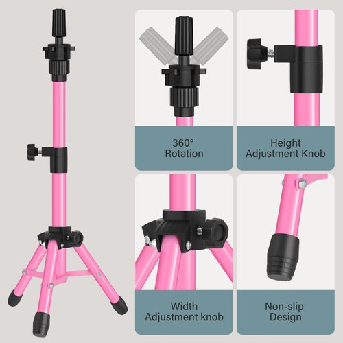 AliLeader 25 Inch Mannequin Head Stand Tripod for Mannequin Head Wig Stand Tripod Wig Head Stand for Training Heads and Canvas Block Head (Mannequin Head Not Included,Pink)