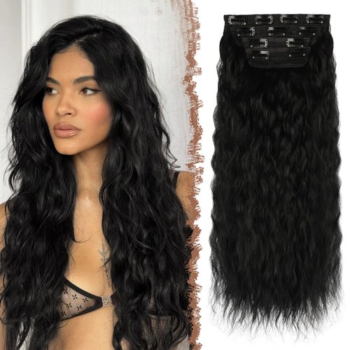 FESHFEN Clip in Hair Extensions 4 PCS Long Wavy Curly Thick Full Head Clip in Hairpieces Syntheti...