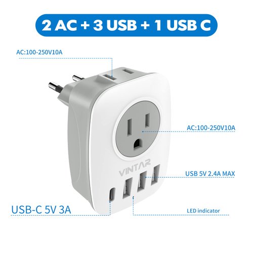 [2-Pack] European Travel Plug Adapter, VINTAR International Power Plug Adapter with 1 USB C, 2 American Outlets and 3 USB Ports, 6 in 1 Travel Essentials to Most of Europe Greece, Italy(Type C)