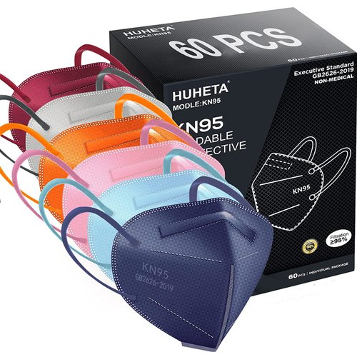 HUHETA KN95 Face Mask 60 Pack, 5-Ply Breathable & Comfortable Safety Mask, Filter Efficiency≥95%, Protective Cup Dust Masks Against PM2.5 - Individually Wrapped (Multicolored Mask)