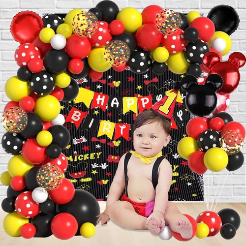 Cartoon Mouse Balloon Arch 125pcs Mouse Birthday Decorations-Red Black Yellow Balloon Garland, Birthday Banner, Mouse Theme Foil Fringe Curtains For Mouse Birthday Party Supplies