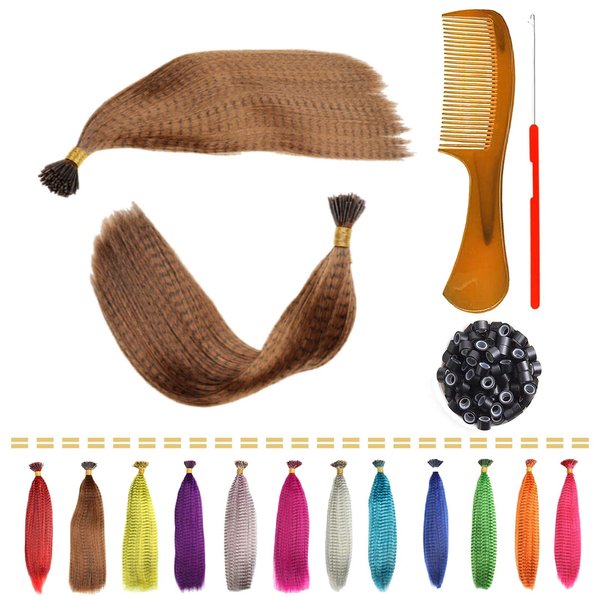 TENGSHUO FLY 10 Pieces Synthetic Feather Extension Hair 16 Inch (Not Real Feathers) With 50 Pcs Silicone Lined Micro Rings 1 Crochet Hook 1 Pcs Little Comb (10 Pcs, A2 brown)