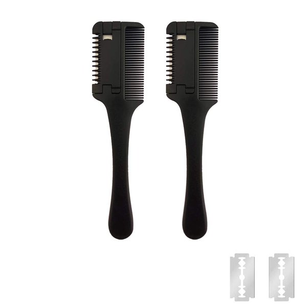 2 Pcs Hair Razor Combs with Extra 2 Pcs Replacement Razors, MSDADA Hair Cutter Comb for Thin and Thick Hair, Double Edge Razor Hair Cutting Comb Hair Thinner Trimmer Razor Comb for Thinning Trimming