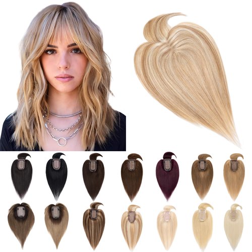 SEGO Hair Toppers for Women Real Human Hair With Bangs 7 * 13CM Silk Base 100% Remy Human Hair Clip in Top Wiglet Hair Pieces for Thinning Hair -10 Inch Golden Brown&Bleach Blonde