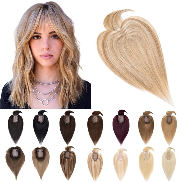 SEGO Hair Toppers for Women Real Human Hair With Bangs 7 * 13CM Silk Base 100% Remy Human Hair Clip in Top Wiglet Hair Pieces for Thinning Hair -10 Inch Golden Brown&Bleach Blonde