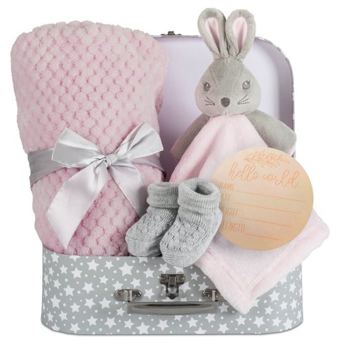 Baby Girl Gift Set New Born Baby Gift Baby Pink Bunny Security Blanket Soft Fleece, Suitcase Keepsake Box Blanket Booties & Baby Gift Basket – Unique Present Baby Shower & Newborn Lovey Welcome