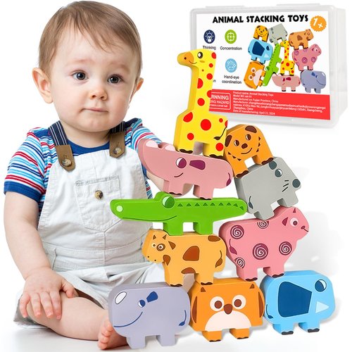 Montessori Toys for 1 2 3 4 Year Old Boys Girls, Toddler Toys Age 2-4, 1 2 3 4 Year Old Girl Boy Birthday Gifts, 10 pack Wooden Animal Blocks Sorting & Stacking Education Toddler Puzzles Toys