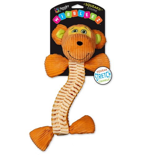 Spunky pup Wibbleez Dog Toy | Stretchy Nylon Webbing with Plush Squeaker Head and Crinkle Ends | Durable Tug Toy for All Breeds / Assorted Colors Green/Gator, Blue/Elephant, Orange/Monkey