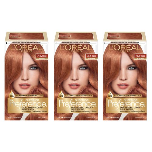 L'Oreal Paris Superior Preference Fade-Defying + Shine Permanent Hair Color, 7LA Lightest Auburn, Pack of 3, Hair Dye