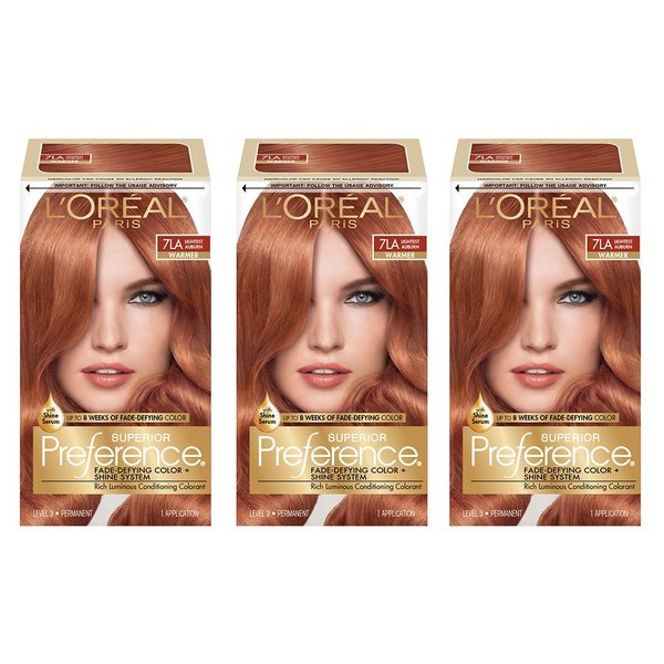 L'Oreal Paris Superior Preference Fade-Defying + Shine Permanent Hair Color, 7LA Lightest Auburn, Pack of 3, Hair Dye