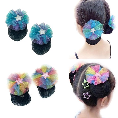 AsggBah 4pcs (2Pairs) Hair Alligator Clips with Colored Bows & Bun Covers for Girls Hair Net Accessories for Little Girls