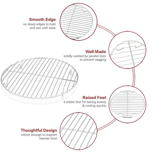 TeamFar Round Cooling Rack Set of 2, 10½ Inch Round Wire Rack Baking Steaming Roasting Rack Set Stainless Steel, Healthy & Mirror Finish, Oven & Dishwasher Safe