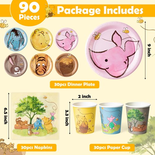 Andi Cppss Winnie Themed Party Tableware - 90PCS Winnie Plates Napkins Cups Party Set for 30 Guests Winnie Baby Show Table Decoration Winnie Theme Disposable Dinnerware for Birthday Party Supplies