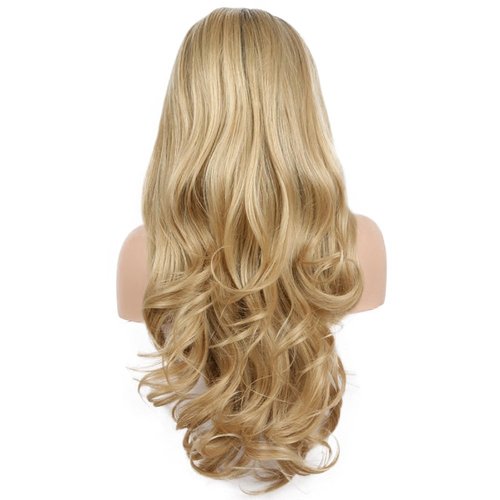 melody wig Blonde Lace Front Wigs With Dark Roots -Body Wave Free Part Gold Ombre Synthetic Lace Front Wigs For Women 180% Density Half Hand Tied Heat Resistant Fiber Hair 24 22 inch
