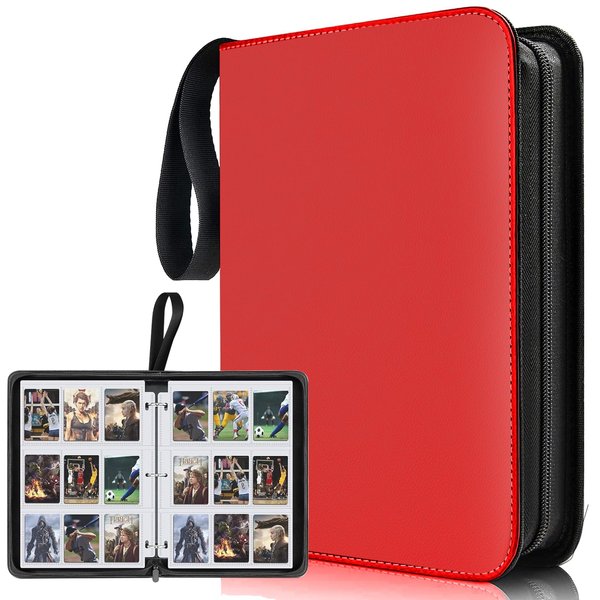 Baseball Card Book 9 Pocket,Premium Zipper Trading Card Holder with Card Sleeves,Collectible Card Folder Fits 900 Cards and 50 Removable Trading Card Sleeves(red, 900Pockets)
