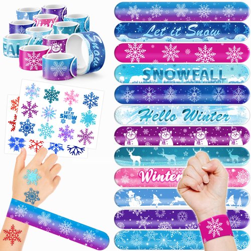 48 Snowflake 24PCS Snowflake Temporary Tattoos Sticker 24PCS Slap Bracelets Perfect for Themed Bi...