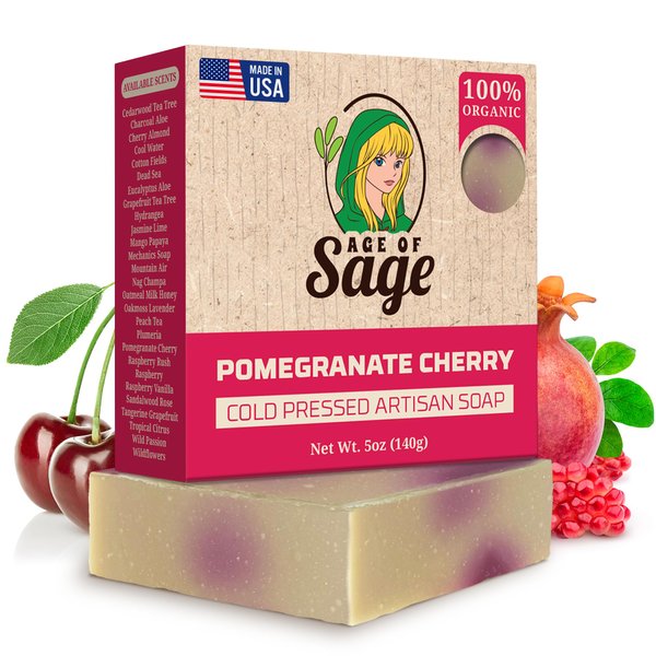 Age of Sage All Natural Bar Soap for Women - Cold Processed Vegan Soap w/Glycerin for Skin Care, Thanksgiving or Birthday Gifts for Women, Pomegranate Cherry, Single Bar