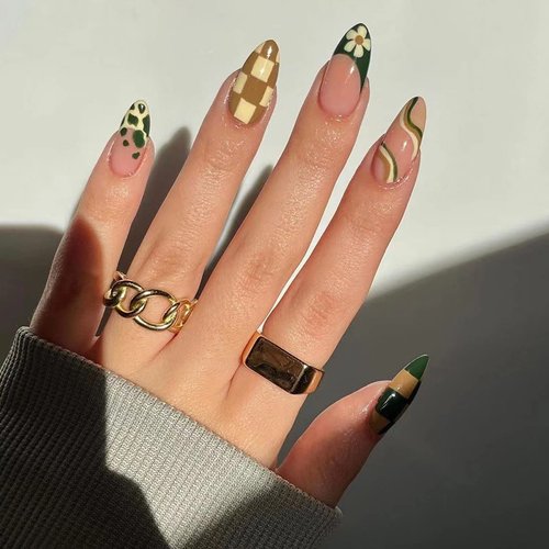 MISUD Medium Almond Press on Nails Stiletto Fake Nails Glossy Glue on Nails Fall Brown Plaid Acrylic Nails Green French Tip Flower Stick on False Nails with Design 24 pcs