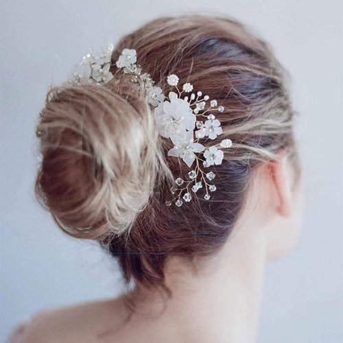 CASOLVX 3PCS Bridal Hair Comb Crystal Flower Headpieces Peal U-shaped Hairpin Wedding Hair Accessories Set for Bride Bridesmaids Women