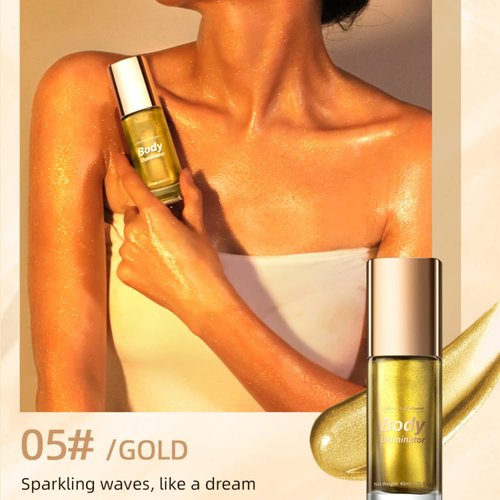 MAEPEOR Body Luminizer 5 Colors Smooth Subtle Shimmer Body Illuminator Moisturizing Long Lasting Summer Glow Illuminator For Face & Body (40ML, 05 Gold)